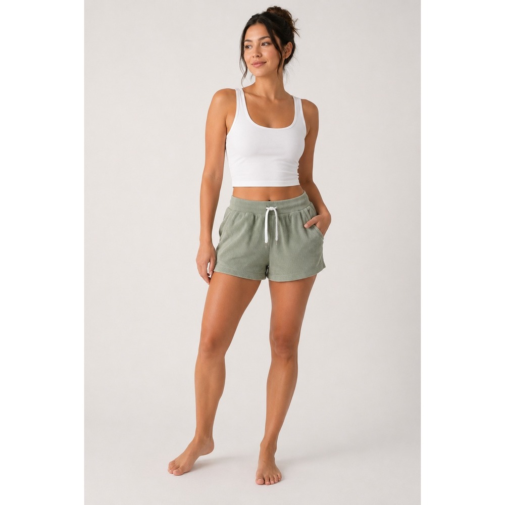 Aerie Women's Olive Green Ribbed Drawstring Lounge Shorts Pockets Medium